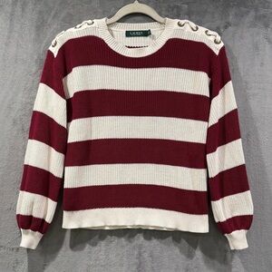 Lauren Ralph Lauren Burgundy White Striped Shoe Lace Trim Sweater Women’s XS